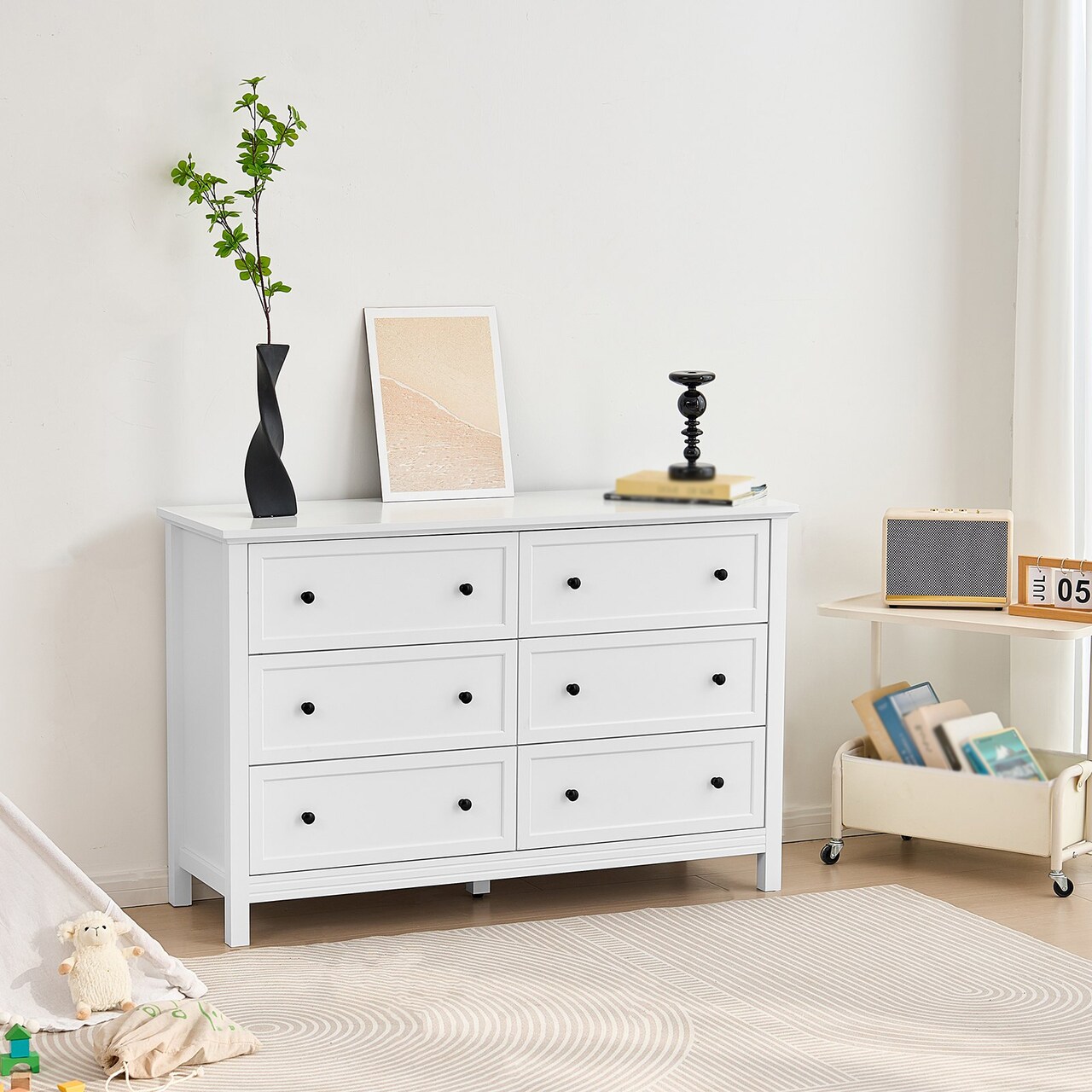 6 Drawer Wooden Dresser White Minimalist Chest for Bedroom Living Room